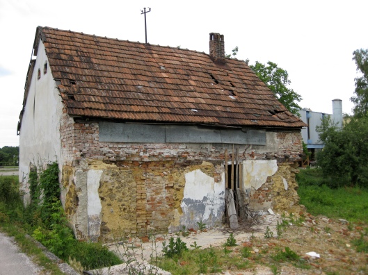 A small building with bomb shrapnel damage in Gvozd